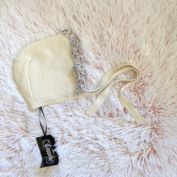 NWT CAPPELL Wool Acrylic Petite Floral Ruffle Trim Ivory Bonnet 9m - Picture 3 of 7